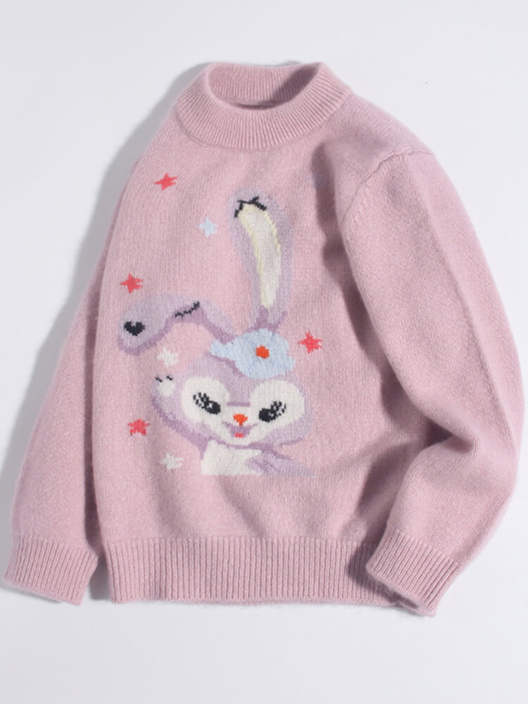 Pink Bunny and Star Pattern Girls Cashmere Crewneck Sweater